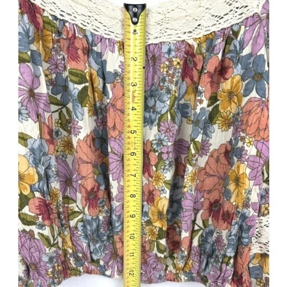 Angie Floral Crochet Trim Crop Top Long Sleeve Boho Blouse Multicolor Size L - Picture 8 of 9